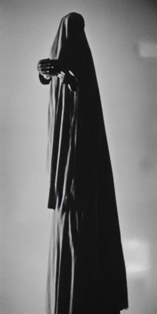 Image similar to grainy 2 0 mm film photograph of an extremely tall weird nun. uhd, amazing depth, cinematic lighting, photorealism.