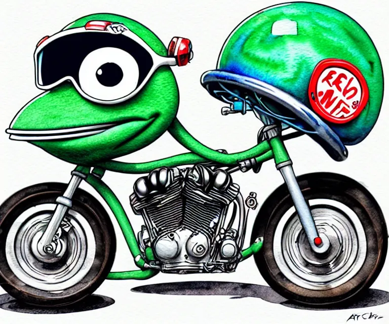 Image similar to cute and funny, closed mouth pepe wearing a helmet riding in a tiny hot rod harley motocrycle with oversized engine, ratfink style by ed roth, centered award winning watercolor pen illustration, isometric illustration by chihiro iwasaki, edited by range murata, details by artgerm