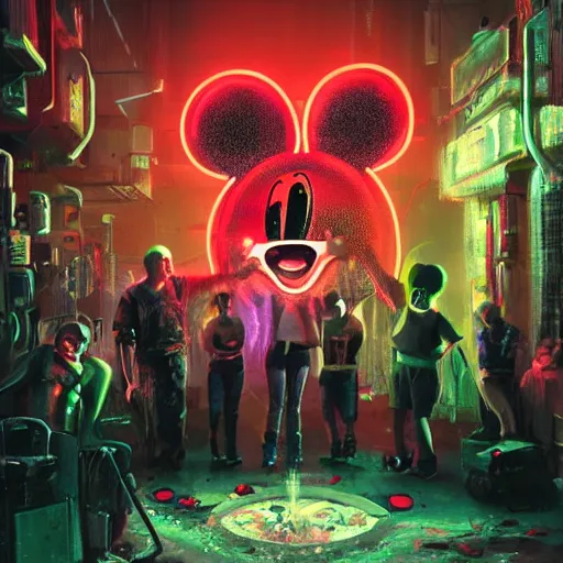 Image similar to a group of people standing around a giant bloody wounded head of mickey mouse, neon netflix logo, cyberpunk art by david lachapelle, cgsociety, sots art, dystopian art, reimagined by industrial light and magic, dark obscure neon concept art