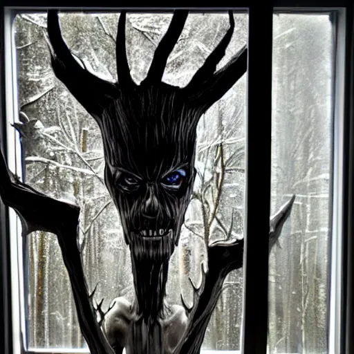 Image similar to wendigo on the outside of the window peaking in, spooky, realistic, clear, crisp, sharp, detailed