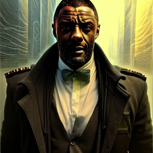 Image similar to portrait painting of a cyberpunk elven corporate boss idris elba, ultra realistic, concept art, intricate details, eerie, highly detailed, photorealistic, octane render, 8 k, unreal engine. art by artgerm and greg rutkowski and charlie bowater and magali villeneuve and alphonse mucha