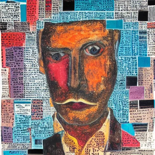 Image similar to dream A portrait of a man, by Karl Wiener, nighttime foreground, abstract!!!, figurative, unreal!!! engine!!!, pen, dark! colors, dirt brick road, Absurdist!! art, Collage