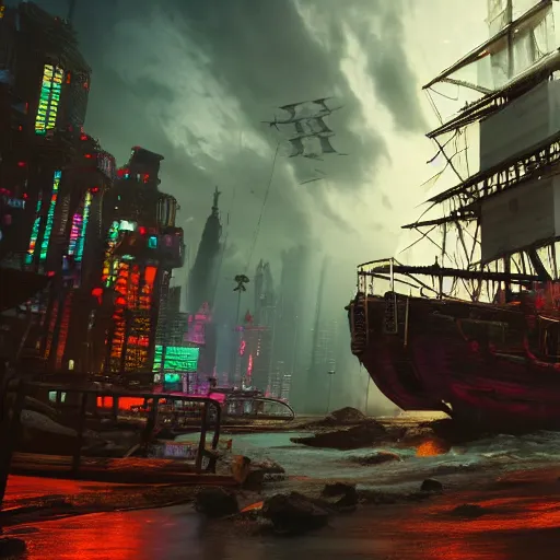 Prompt: high quality photo of a pirate ship in a cyberpunk cyberpunk cyberpunk city, realism, 8k, award winning photo, no water