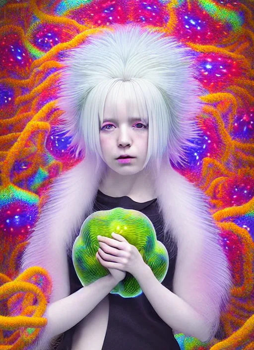 Image similar to hyper detailed 3d render like a Oil painting - kawaii portrait Aurora (white haired Singer Ferret) seen Eating of the Strangling network of yellowcake aerochrome and milky Fruit and Her delicate Hands hold of gossamer polyp blossoms bring iridescent fungal flowers whose spores black the foolish stars by Jacek Yerka, Mariusz Lewandowski, Houdini algorithmic generative render, Abstract brush strokes, Masterpiece, Edward Hopper and James Gilleard, Zdzislaw Beksinski, Mark Ryden, Wolfgang Lettl, hints of Yayoi Kasuma, octane render, 8k