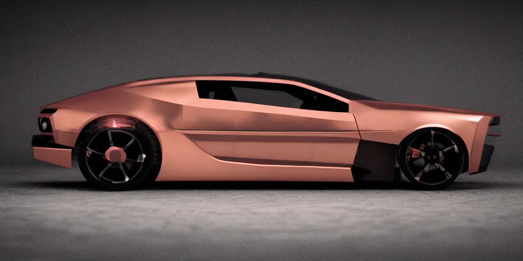 Image similar to a design of a futuristic DMC Delorian, designed by Polestar, blade runner background, back view, rose copper car paint with neon color accent detailing, black windows, sportscar, black show room, dramatic lighting, octane rendering, unreal engine rendering, hyper realistic render, depth of field, octane rendering