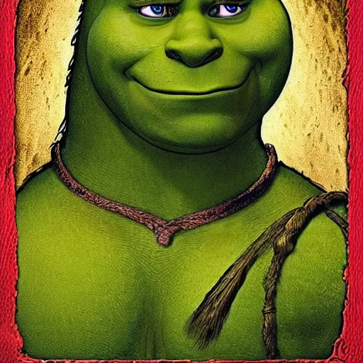 Image similar to shrek from shrek with long lush golden hair attractive muscular stylish knight in shining golden armor with long lush golden hair a strong jaw and attractive green eyes shrek is riding on top of a red dragon, fantasy art, hyper detailed, extremely complex, hyper realistic, similar to the mona lisa, art by leonardo devinci