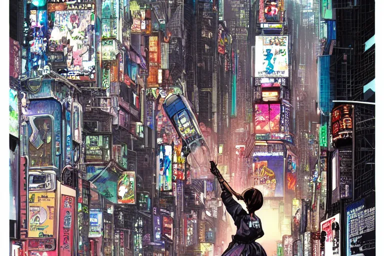 Image similar to an intricate, awe inspiring cyberpunk illustration of a girl with balloon, Times Square, by masamune shirow and katsuhiro otomo ((colorful))