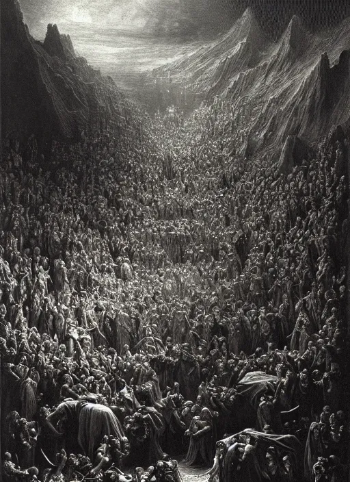 Prompt: dante's inferno, epic scene, photorealistic, highly detailed, texture, soft light, dramatic, moody, ambient, painting by gustave dore