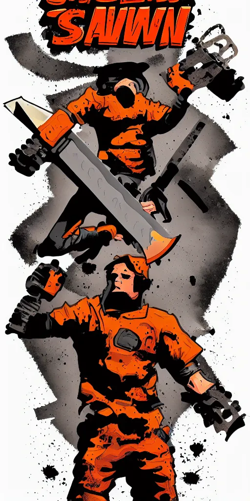 Image similar to comic book cover for a studio with a chainsaw logo, digital painting,