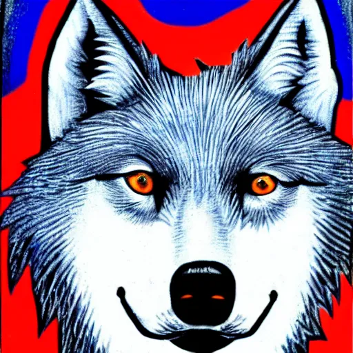 Image similar to portrait of retarded wolf, eyes in different directions, vivid colors, very poor, propaganda style