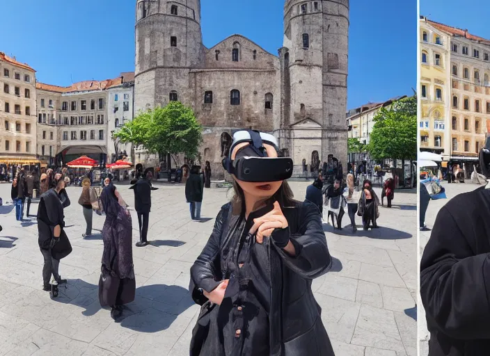 Image similar to a city square and everyone in the city square is wearing a vr headset ignoring each other