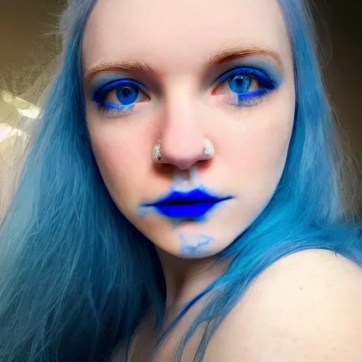 Image similar to a pale girl with piercing blue eyes and dyed blue hair, soft facial features, looking directly at the camera, neutral expression, instagram picture