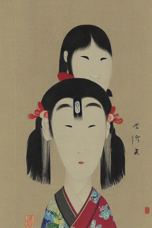 Image similar to native japanese woman with partially masked face, painted by wang neng jun