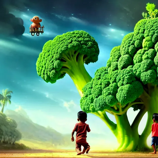 Prompt: epic professional digital art of an East Indian toddler boy walking beside a giant anthropomorphic friendly broccoli, best on artstation, cgsociety, wlop, Behance, pixiv, astonishing, impressive, outstanding, epic, cinematic, stunning, gorgeous, breathtaking science fiction art, masterpiece.