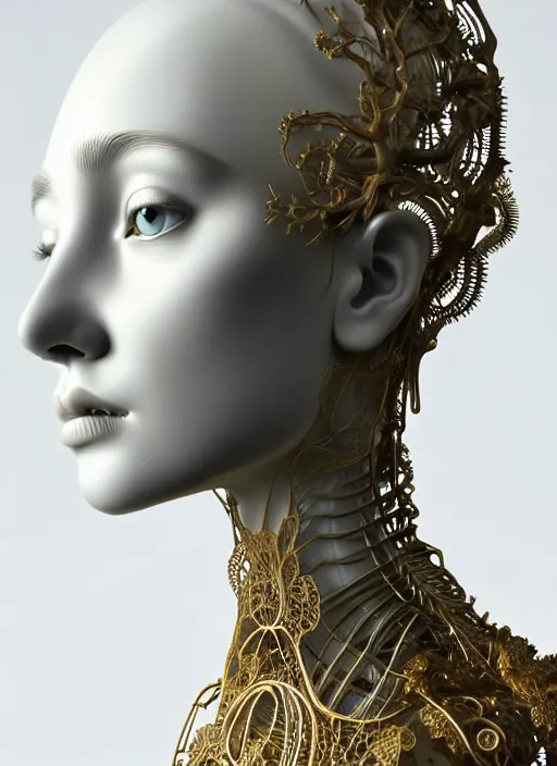 Image similar to complex 3d render ultra detailed of a beautiful porcelain profile woman face, mechanical cyborg, 150 mm, beautiful natural soft light, rim light, mechanical magnolia and ghost orchid big leaves and stems, roots, fine foliage lace, silver and gold details, ornate intricate, maze like, mesh wire hair, intricate details, hyperrealistic, ultra detailed, mandelbrot fractal, anatomical, red lips, white metal neocubism armor, facial muscles, cable wires, microchip, elegant, octane render, H.R. Giger style, 8k