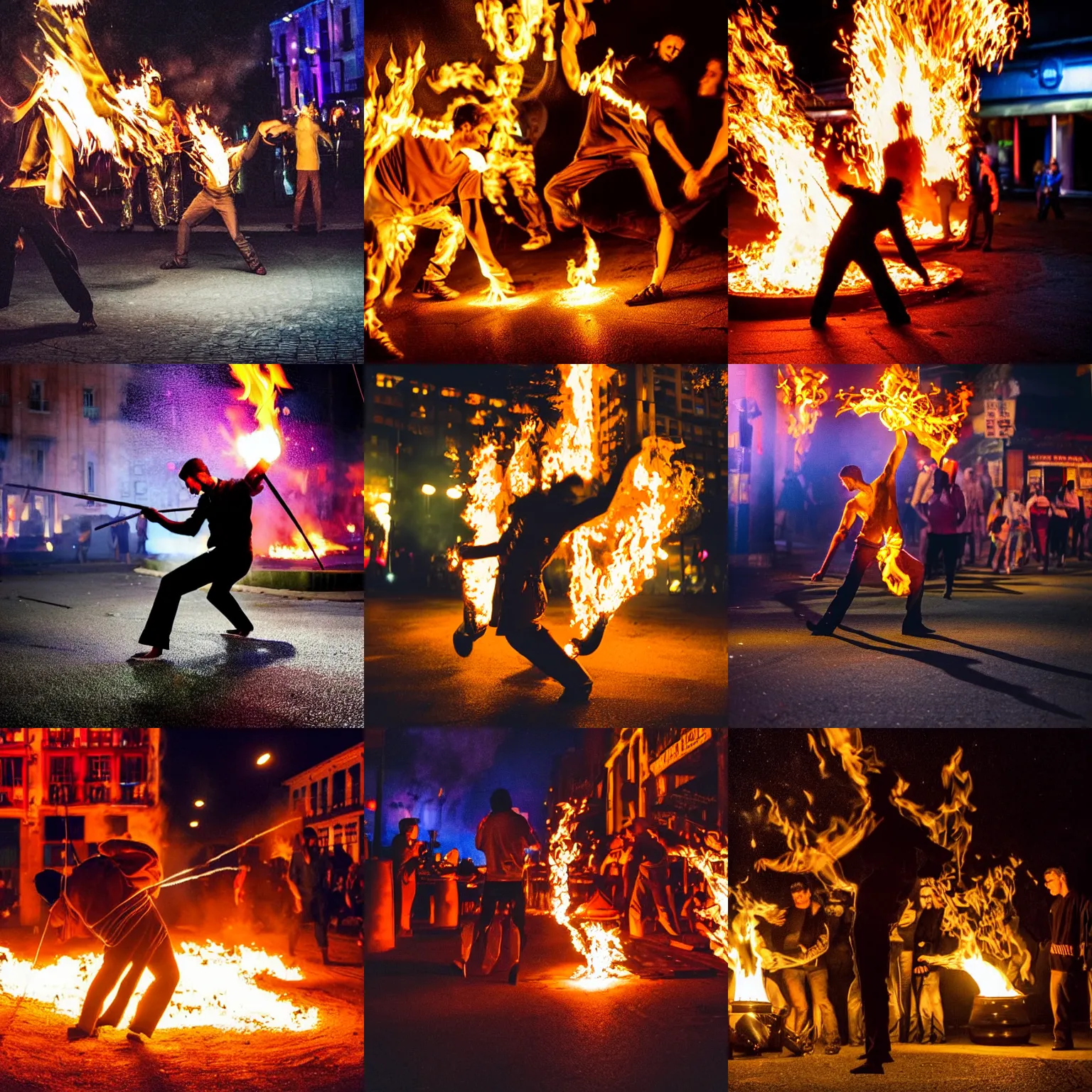 Prompt: men shaped fires dancing in a dark steet at night, colourful, lumnious, award winning photograpgy