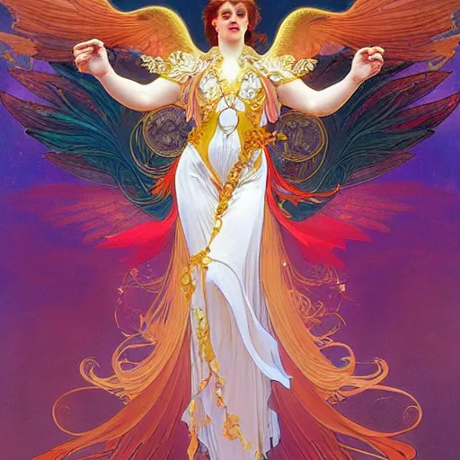 Prompt: a beautiful orchid phoenix angel woman, in an ornamented dress with large wings, volumetric light, god rays, 8 k high resolution, rubies, by alphonse mucha, artgerm, greg rutkowski