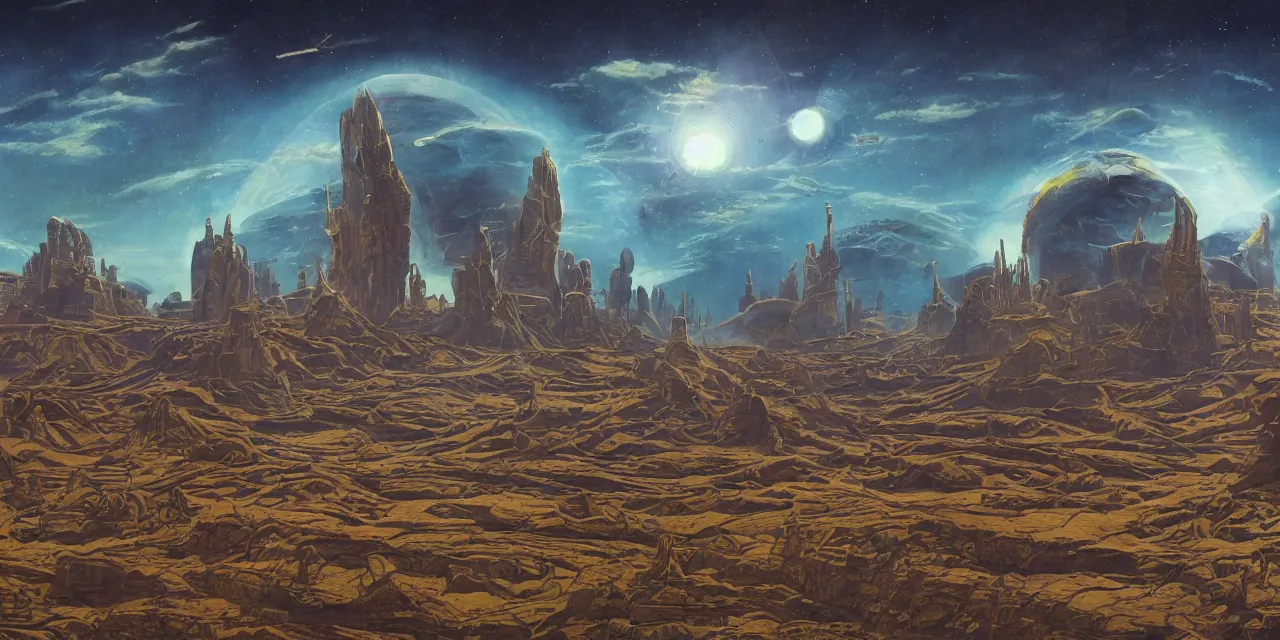 Image similar to artwork in the style of finnian macmanus and in the style of chesley bonestell.