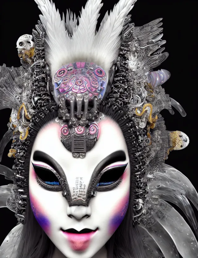 Image similar to 3 d goddess close - up profile portrait punk with mohawk with ram skull. beautiful intricately detailed japanese crow kitsune mask and clasical japanese kimono. betta fish, jellyfish phoenix, bio luminescent, plasma, ice, water, wind, creature, artwork by tooth wu and wlop and beeple and greg rutkowski