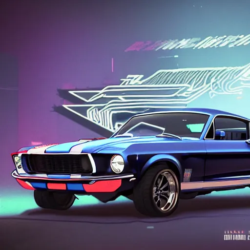 Image similar to a detailed render of a cyberpunk 1 9 6 7 ford mustang fastback, vector art, by dan mumford, yusuke murata, makoto shinkai, ross tran, cosmic, heavenly, god rays, intricate detail, cinematic, 8 k, cel shaded, unreal engine, featured on artstation, pixiv