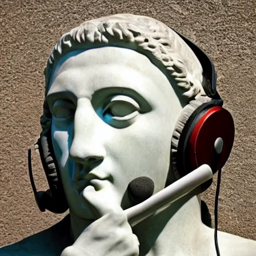 Prompt: greek statue listening to music on headphones