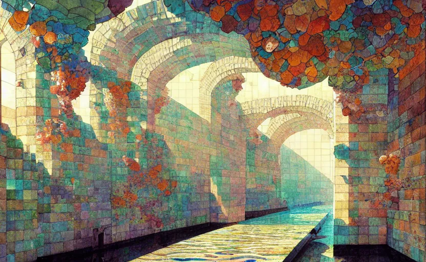 Image similar to tiled room squared waterway, aqueducts, fantasy. intricate, amazing composition, colorful watercolor, by ruan jia, by maxfield parrish, by marc simonetti, by hikari shimoda, by robert hubert, by zhang kechun, illustration, gloomy