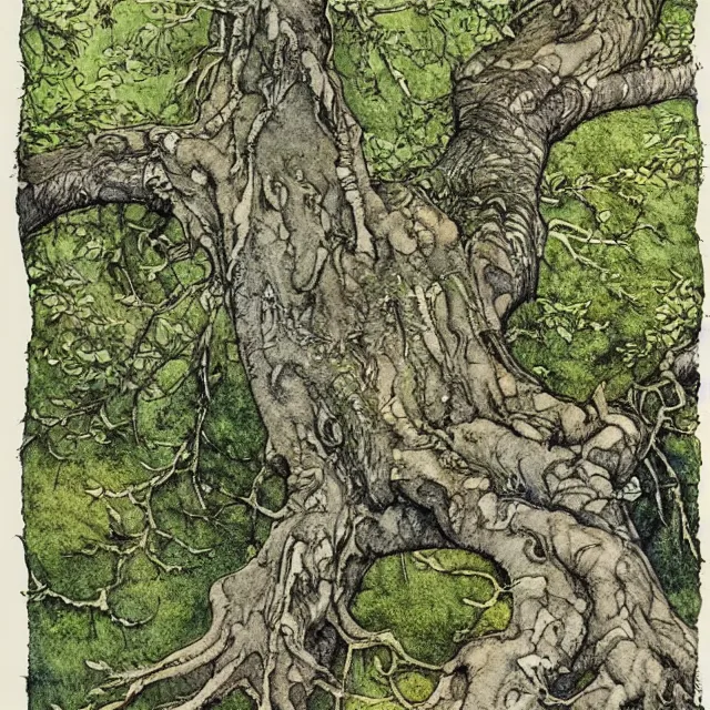Prompt: a detailed, intricate watercolor and ink illustration with fine lines, of a mossy oak tree, by arthur rackham and edmund dulac and ted nutall