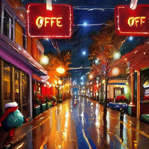 Image similar to a painting of a street corner in Haight neighborhood with a coffee shop covered in christmas lights, by Tyler Edlin, behance contest winner, american scene painting, concept art, streetscape, rainy, cozy