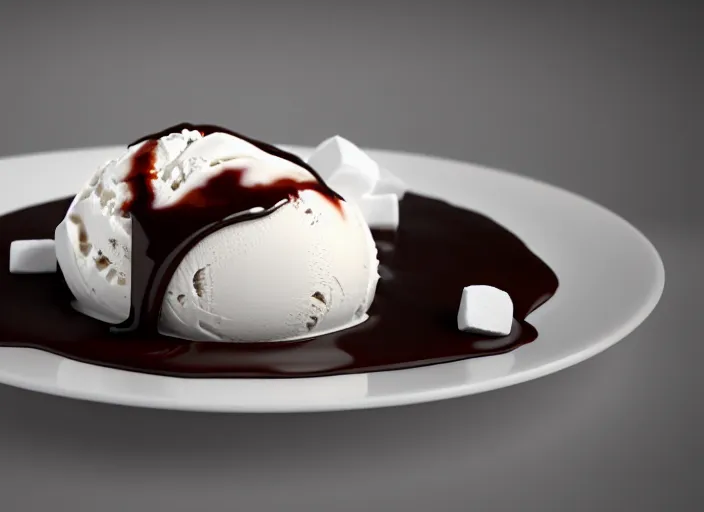 Image similar to ice cream sunday, delicious, glistening, chocolate sauce, marshmallows, highly detailed, octane render,