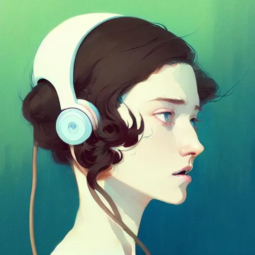 Image similar to beautiful artistic - wave highly detailed portrait female, with head phones, long red hair, by atey ghailan, by greg rutkowski, by greg tocchini, by james gilleard, by joe fenton, by kaethe butcher, dynamic lighting, gradient light blue, brown, blonde cream and white color scheme, grunge aesthetic