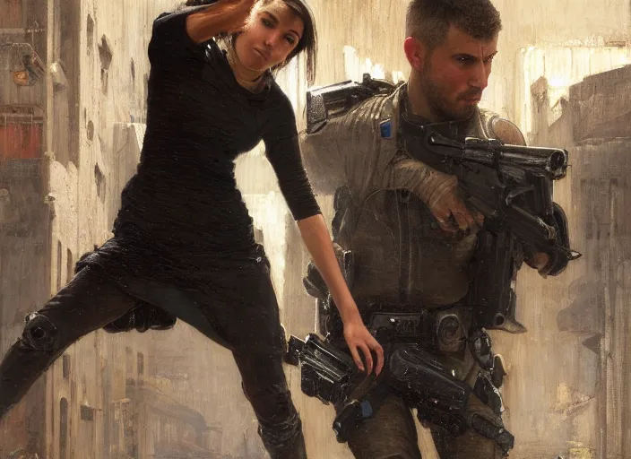 Prompt: sophia evades sgt Nash. Cyberpunk free runner escaping menacing police troopers (blade runner 2049). Gorgeous face. Iranian orientalist portrait by john william waterhouse and Edwin Longsden Long and Theodore Ralli and Nasreddine Dinet, oil on canvas. Cinematic, hyper realism, realistic proportions, dramatic lighting, high detail 4k