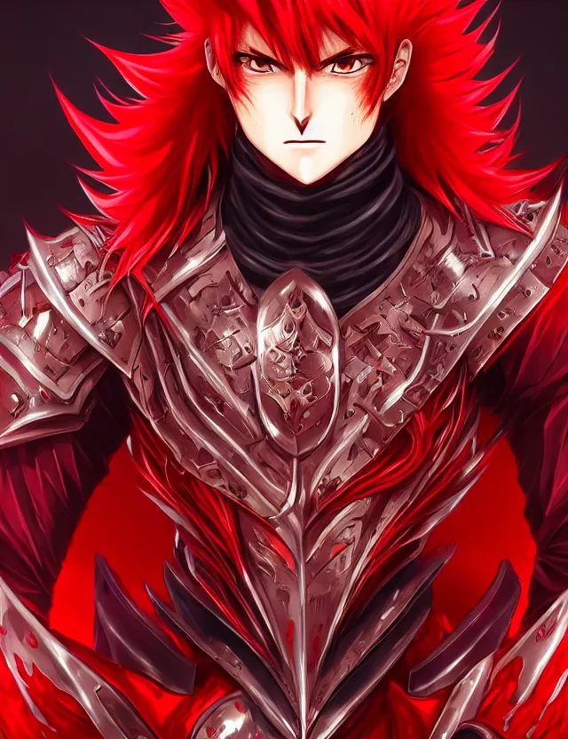 Image similar to a detailed manga portrait of a handsome man with spiked crimson hair in fiery crimson crystalline armour, trending on artstation, digital art, 4 k resolution, detailed, high quality, sharp focus, hq artwork, coherent, insane detail, character portrait