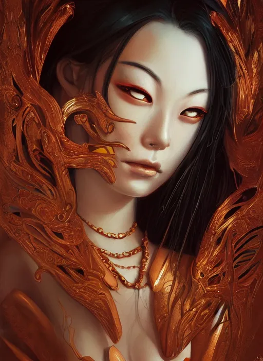 Image similar to a beautiful detailed oil on copper art illustration of a japanese okame mask devil woman, centered, by charlie bowater, zeng fanzh, trending on artstation, dim dusk lighting, cinematic lighting, detailed lighting, volumetric lighting, realistic, f 8, 4 k hd wallpaper