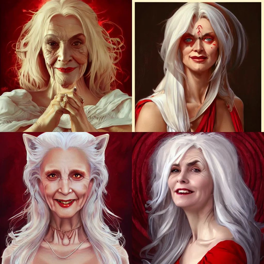 Prompt: middle-aged witch, grinning, foxy, sharp features, big whitened hair, sleeveless red dress, highly detailed, digital painting, artstation, concept art, smooth, sharp focus, beautiful face, expressive eyes, illustration, art by Artgerm and greg rutkowski and alphonse mucha