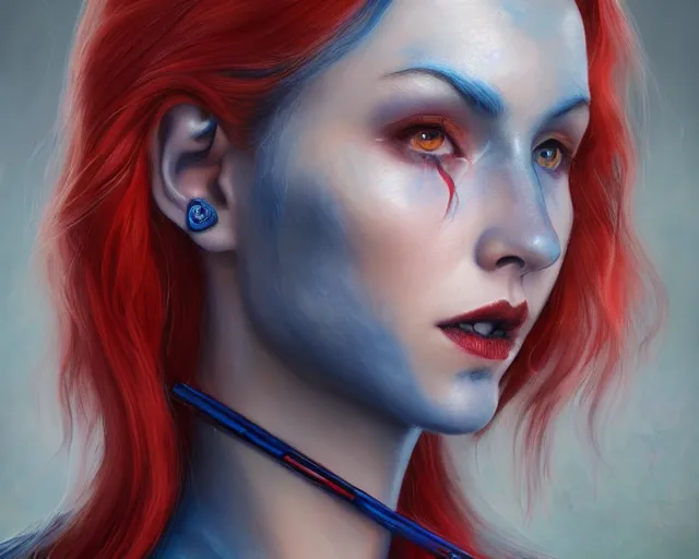 Image similar to A detailed matte oil on canvas head on symmetrical portrait of a distinguished elven woman with red and blue hair on an empty background, by Charlie bowater, Lise Deharme, Wlop, trending on artstationhd, dungeons and dragons art, parted hair , half blue, half red , split dye, critical role