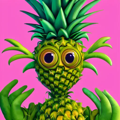 Image similar to cute anthropormorphic unusual alien pineapple creature with big eyes and leafy arms and legs character concept detailed painting 4 k