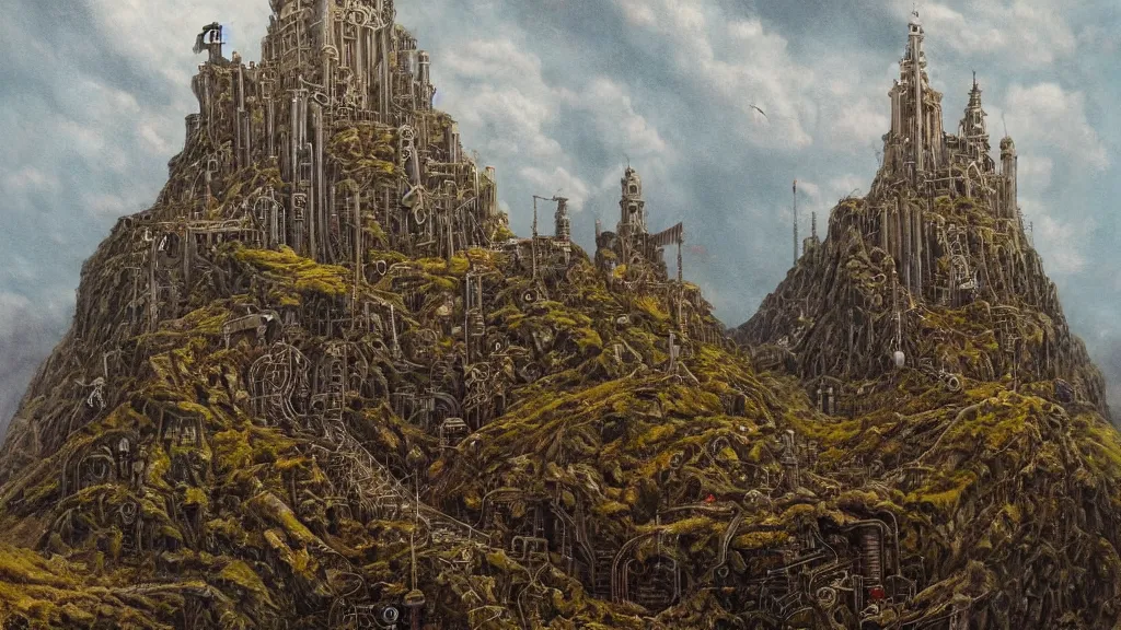Prompt: an oil painting in the style of alan lee of a steampunk minas tirith