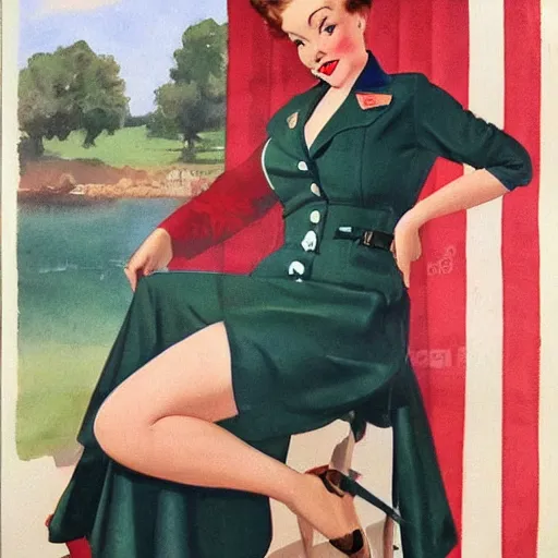 Image similar to full body pin up post war dressing a military unioform,with a park in the back ground, water color, Gil Elvgren style