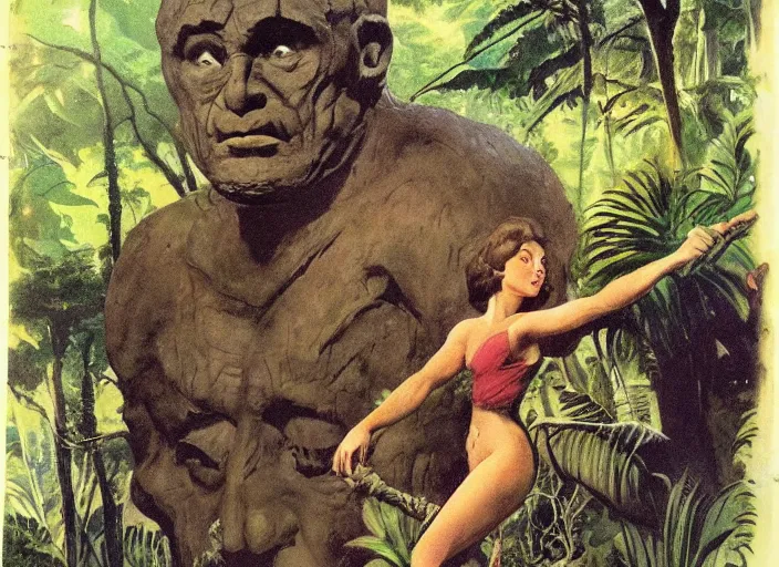 Image similar to giant stone head in a jungle clearing, children's book, vintage, Frank Frazetta