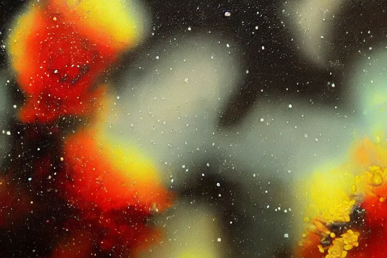 Image similar to hyperrealism oil painting, close - up frozen in an ice cube black flowers and fireflies gradient mixed with nebula sky, in style of baroque