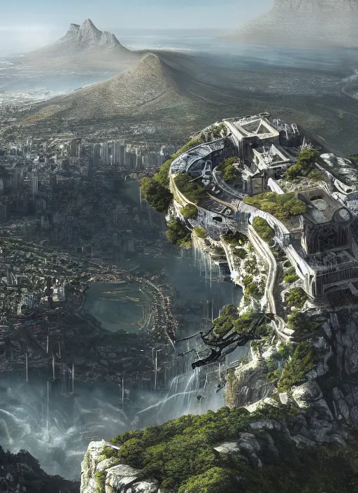 Image similar to chtulu attacking cape town city, table mountain, dense foliage beautiful details, strong composition by kim jung giu weta studio rutkowski, james gurney and greg rutkowski, and lucasfilm