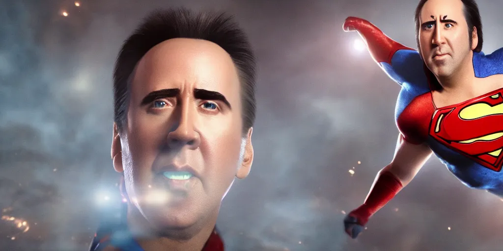 Prompt: a cinematic scene of nicolas cage as super man, vray render, realistic, cinematic lighting, clear face, majestic, 8 k