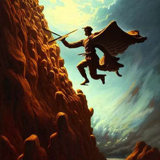 Image similar to highly detailed painting of ataturk fighting a looming demigod, dramatic, sense of scale, stephen bliss, unreal engine, greg rutkowski, ilya kuvshinov, ross draws, hyung tae and frank frazetta, tom bagshaw, tom whalen, nicoletta ceccoli, mark ryden, earl norem, global illumination, god rays, windswept