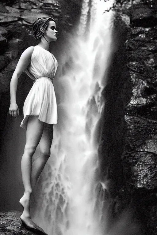 Image similar to intimate photo of emma watson walking through a waterfall, portrait in the style of petter hegre, sharp details, beautiful face, pale skin, rule of thirds, cinematic lighting, rainy weather, melancholy atmosphere, sharp focus, backlit, stunning, smooth, hard focus, full body shot, instagram photo, shot on iphone 1 3 pro max, hyper realistic