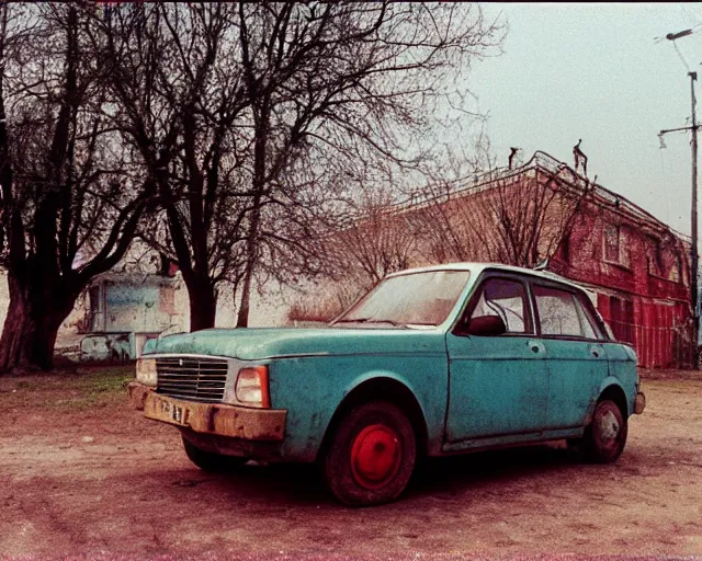 Image similar to a lomographic photo of old lada 2 1 0 7 standing in typical soviet yard in small town, hrushevka on background, cinestill, bokeh