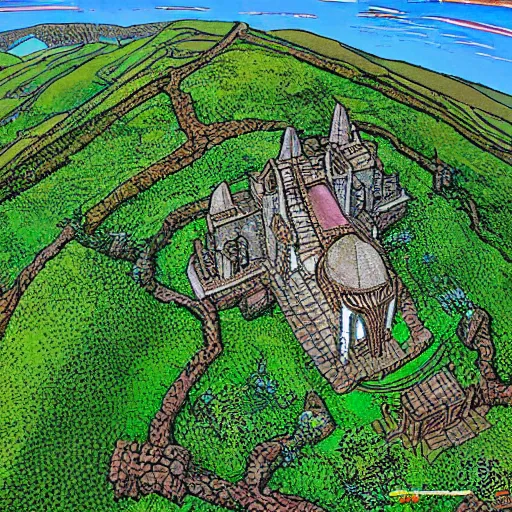 Image similar to Drone view of hobbit monastery on Hawai'i. Patrick Stewart as abbott, in the style of Jim Woodring, moebius