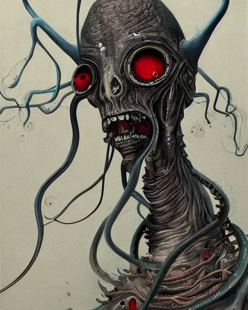 Prompt: Haunting horrifying detailed painting of a tall skinny extraterrestrial squid monster made of gelatinous fluid, telekinetic aura, magical powers, and bloodshot eyeballs, hyper detailed, trending on Artstation