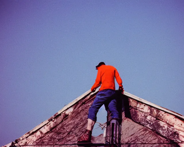 Image similar to lomo photo of man standing on the roof of soviet hrushevka, small town, cinestill, bokeh, out of focus