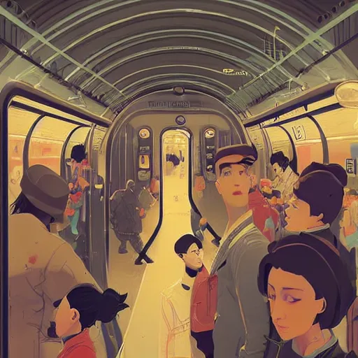 Image similar to paris subway life scene, very detailed, by ( victo ngai ), ( ( studio muti ) ), malika favre, ( rhads ), makoto shinkai