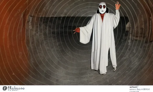 Image similar to cultist in robe with mask and gloves, satanic church interior, ceremonial, realistic photo, cctv footage, horror lighting, dim lighting